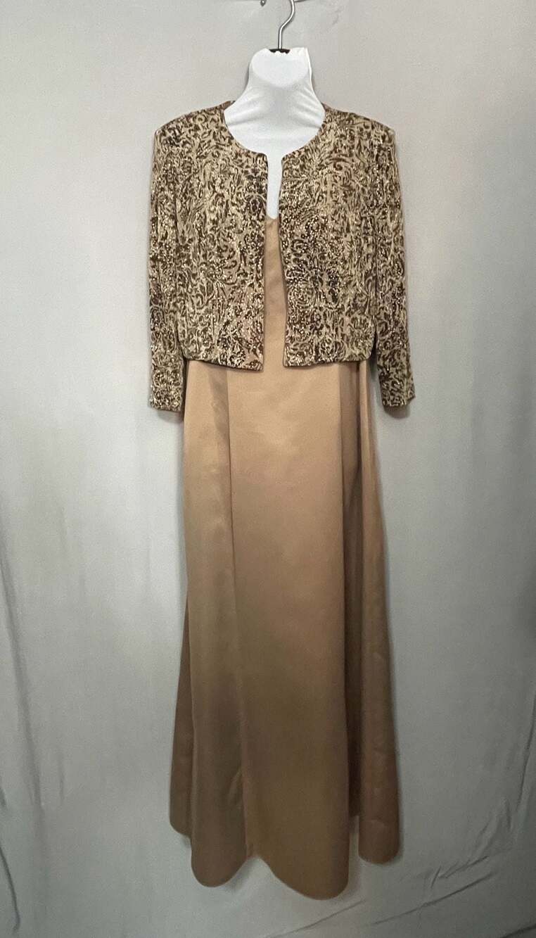 Vintage D'Albert 2-Piece Evening Gown Set Jacket Gold Beige Formal Sz 10